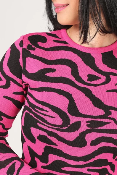 Kadın Sıfır Yaka Desenli Kazak Fuşya - 6