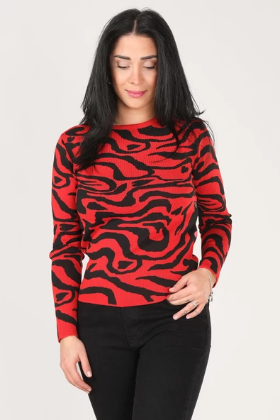 Kadın Sıfır Yaka Desenli Kazak Kırmızı - 2