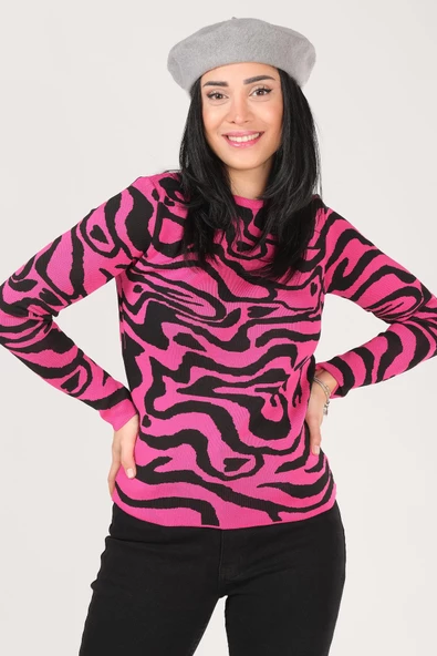 Kadın Sıfır Yaka Desenli Kazak Fuşya - 3