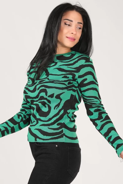 Kadın Sıfır Yaka Desenli Kazak Yeşil - Resim 4