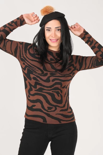 Kadın Sıfır Yaka Desenli Kazak Kahverengi - 2