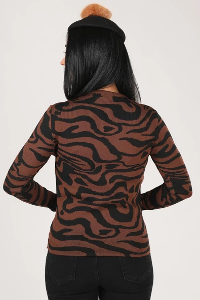 Kadın Sıfır Yaka Desenli Kazak Kahverengi - 5