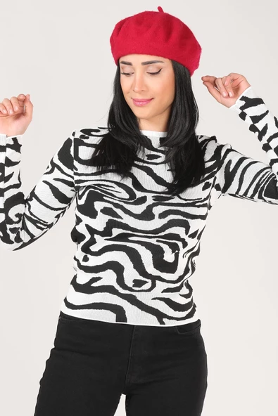 Kadın Sıfır Yaka Desenli Kazak Beyaz - 4