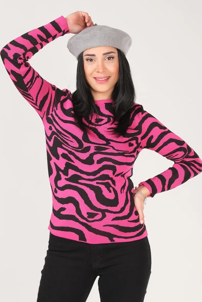 Kadın Sıfır Yaka Desenli Kazak Fuşya - 2