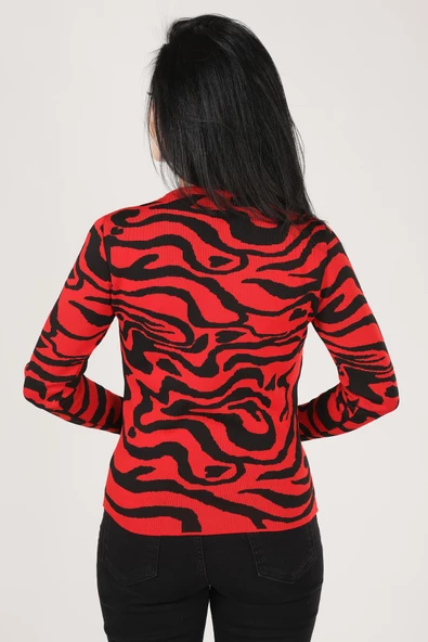 Kadın Sıfır Yaka Desenli Kazak Kırmızı - 5