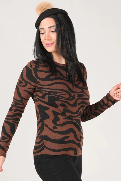 Kadın Sıfır Yaka Desenli Kazak Kahverengi - 3