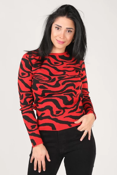 Kadın Sıfır Yaka Desenli Kazak Kırmızı - 3