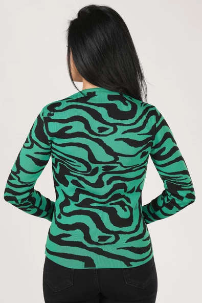 Kadın Sıfır Yaka Desenli Kazak Yeşil - Resim 5