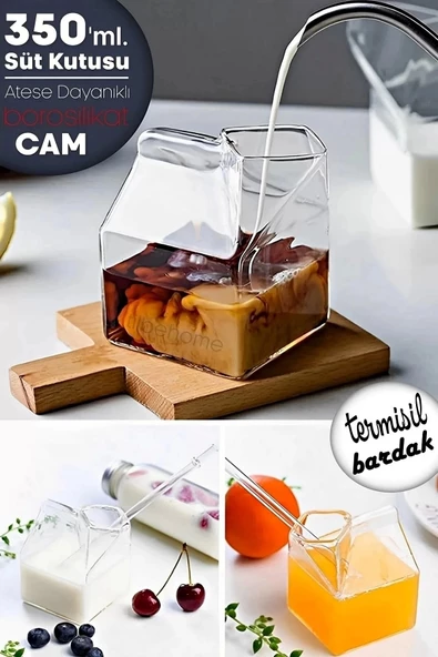 Cam Süt Kutusu Meşrubat Kahve Kahvaltı Sunum Bardağı Borosilikat Termisil Şekilli Kutu Bardak 350ml