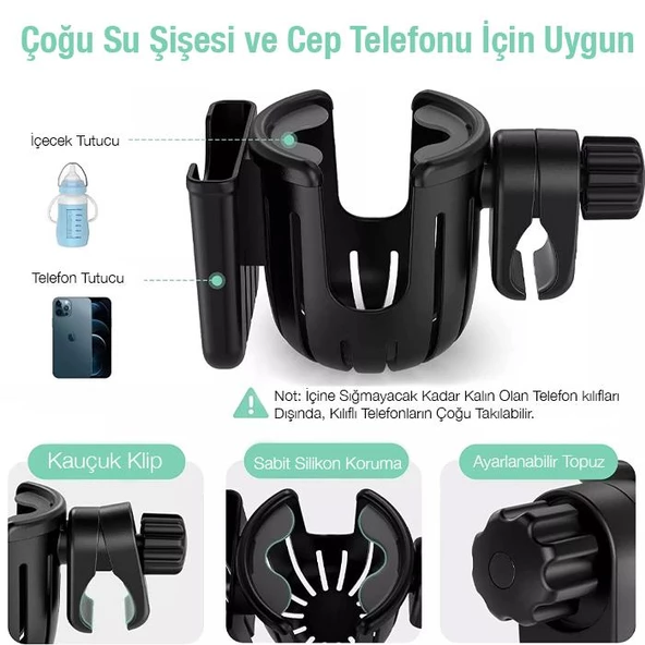 Polham Bebek Arabası için Telefon ve Bardak, Biberon Tutucu, Gidon Uyumlu Telefon ve Bardak Tutucu - 5