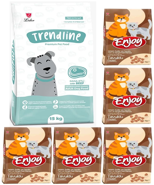 Trendline Dog Biftekli Kuru Köpek Maması 15 kg ve Enjoy Tavuk Etli Yetişkin 5x1 kg Kuru Kedi Maması