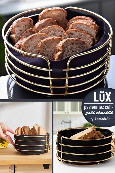 Lüx Gold Ekmeklik Paslanmaz Krom Sofra Ekmek Sepeti Ergonomik Şeritli Oval Kutu Yıkanır Siyah Kumaş