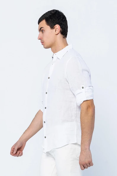 Erkek Regular Fit %100 Keten Uzun Kollu ve Katlama Kollu Gömlek - 9