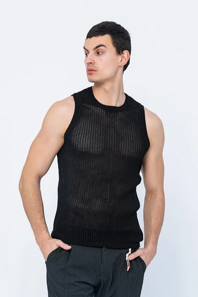 Erkek Slim Fit Bisiklet Yaka Kolsuz Ribanalı Geniş Kafes Örgülü File Pamuklu Triko T-Shirt - 9