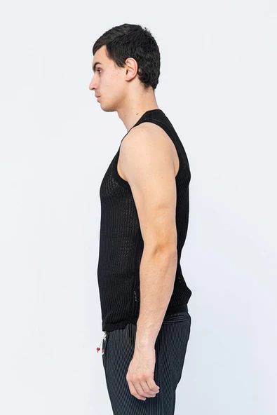 Erkek Slim Fit Bisiklet Yaka Kolsuz Ribanalı Geniş Kafes Örgülü File Pamuklu Triko T-Shirt - 5