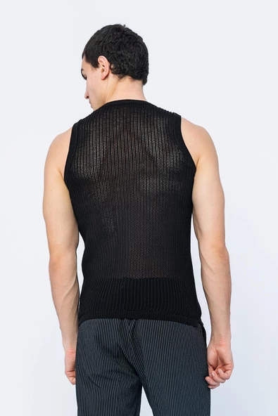 Erkek Slim Fit Bisiklet Yaka Kolsuz Ribanalı Geniş Kafes Örgülü File Pamuklu Triko T-Shirt - 7