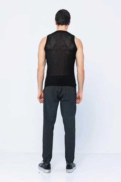 Erkek Slim Fit Bisiklet Yaka Kolsuz Ribanalı Geniş Kafes Örgülü File Pamuklu Triko T-Shirt - 6