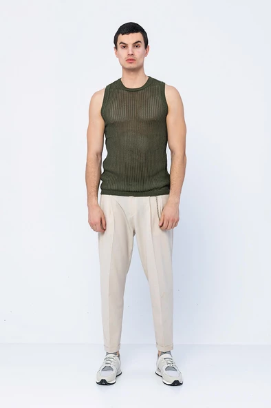 Erkek Slim Fit Bisiklet Yaka Kolsuz Ribanalı Geniş Kafes Örgülü File Pamuklu Triko T-Shirt - 11