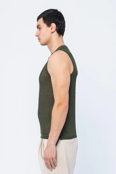 Erkek Slim Fit Bisiklet Yaka Kolsuz Ribanalı Geniş Kafes Örgülü File Pamuklu Triko T-Shirt - 12