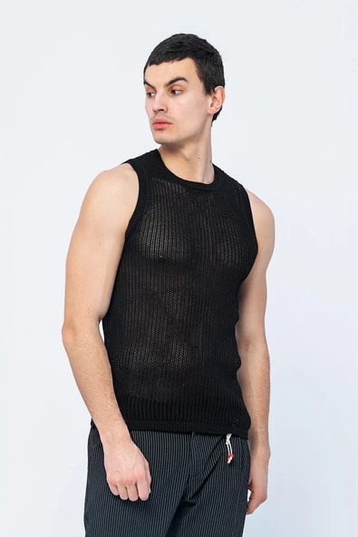 Erkek Slim Fit Bisiklet Yaka Kolsuz Ribanalı Geniş Kafes Örgülü File Pamuklu Triko T-Shirt - 8