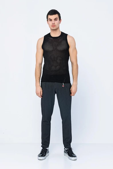 Erkek Slim Fit Bisiklet Yaka Kolsuz Ribanalı Geniş Kafes Örgülü File Pamuklu Triko T-Shirt - 3