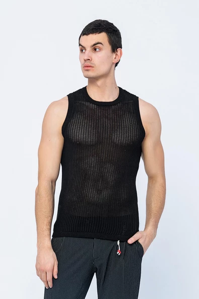 Erkek Slim Fit Bisiklet Yaka Kolsuz Ribanalı Geniş Kafes Örgülü File Pamuklu Triko T-Shirt - 2