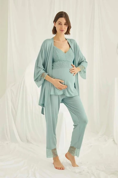 Monamise 18469 Yeşil Hamile Lohusa 3 Lü Pijama Sabahlık Tk - 2