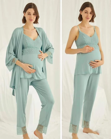 Monamise 18469 Yeşil Hamile Lohusa 3 Lü Pijama Sabahlık Tk