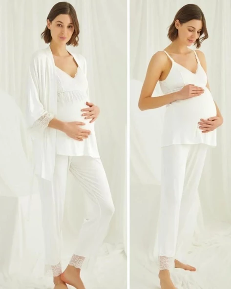 Monamise 18433 Ekru Hamile Lohusa 3 Lü Pijama  Sabahlık Tk - 6