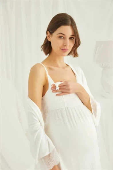 Monamise 18433 Ekru Hamile Lohusa 3 Lü Pijama  Sabahlık Tk - 5