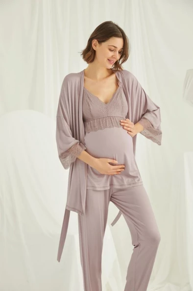 Monamise 18431 Vizon Hamile Lohusa 3 Lü Pijama Sabahlık Tk - 5