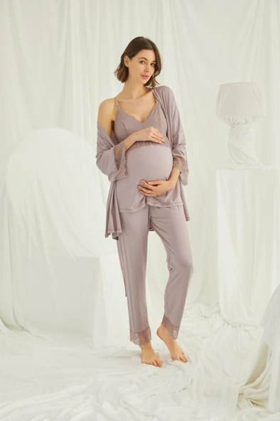 Monamise 18431 Vizon Hamile Lohusa 3 Lü Pijama Sabahlık Tk - 2