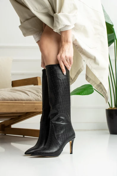 Günlük Kadın Sivri Burun İnce Yüksek Topuklu Polar Astarlı Fermuarsız Çizme 229 ( EDİP KROKODİL ) - 6