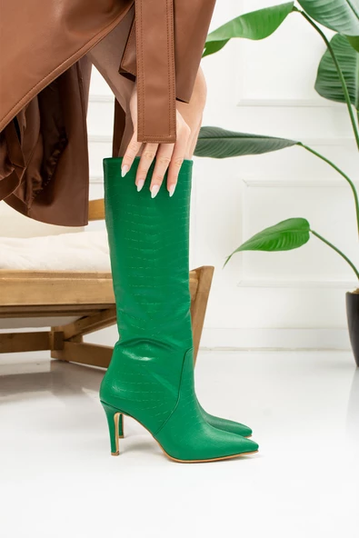 Günlük Kadın Sivri Burun İnce Yüksek Topuklu Polar Astarlı Fermuarsız Çizme 229 ( EDİP KROKODİL ) - 12