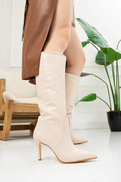 Günlük Kadın Sivri Burun İnce Yüksek Topuklu Polar Astarlı Fermuarsız Çizme 229 ( EDİP KROKODİL ) - 11