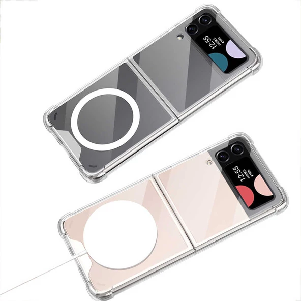 Galaxy Z Flip 3 Kılıf Wireless Şarj Özellikli Airbagli Kıpta Anti Shock Magsafe Kapak - 4