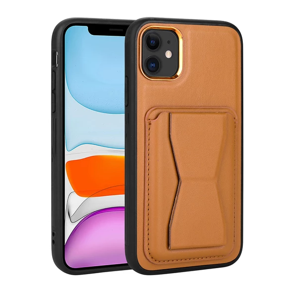 Vendas iPhone 12 Uyumlu ( iPhone 12 ) Kartlıklı Standlı Silikon Kenarlı Metal Kamera çerçeveli Pu Deri Kılıf - 4