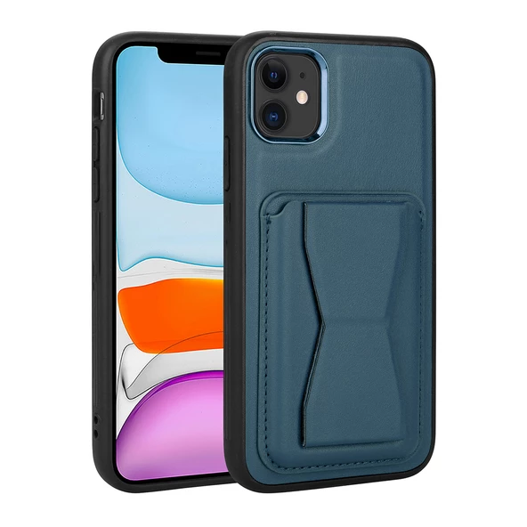Vendas iPhone 12 Uyumlu ( iPhone 12 ) Kartlıklı Standlı Silikon Kenarlı Metal Kamera çerçeveli Pu Deri Kılıf - 3