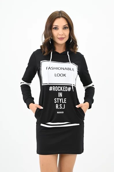 Kadın Kapüşonlu Baskılı  Sweat Elbise 7004 - 9