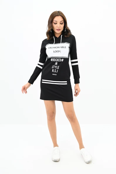 Kadın Kapüşonlu Baskılı  Sweat Elbise 7004 - 10