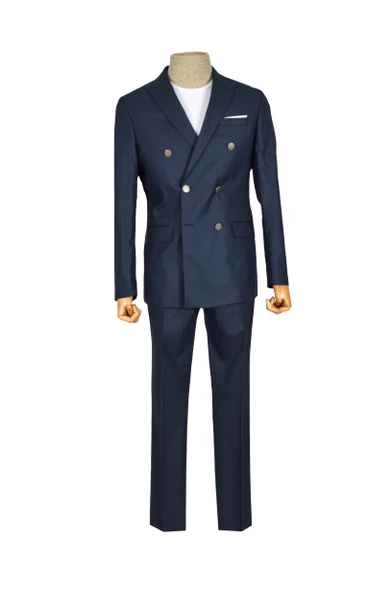 Cengiz İnler Dik Çizgi Metal Düğme Kruvaze Slim Fit Erkek Takım Elbise - 4