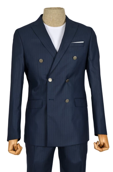 Cengiz İnler Dik Çizgi Metal Düğme Kruvaze Slim Fit Erkek Takım Elbise - 3