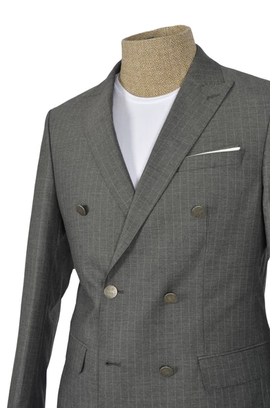 Cengiz İnler Dik Çizgi Metal Düğme Kruvaze Slim Fit Erkek Takım Elbise - 7