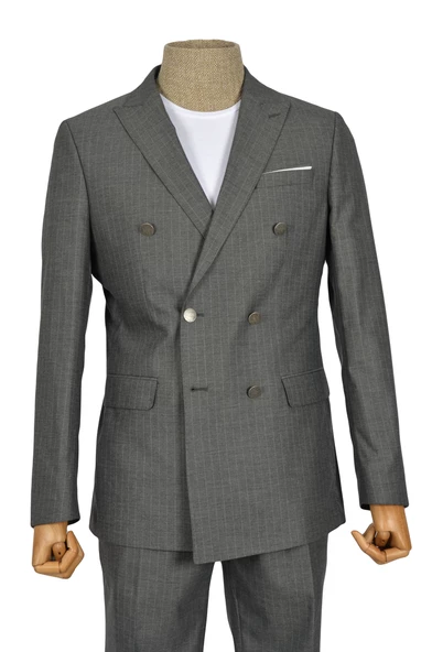 Cengiz İnler Dik Çizgi Metal Düğme Kruvaze Slim Fit Erkek Takım Elbise - 8