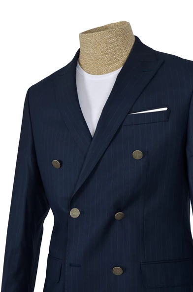 Cengiz İnler Dik Çizgi Metal Düğme Kruvaze Slim Fit Erkek Takım Elbise - 2