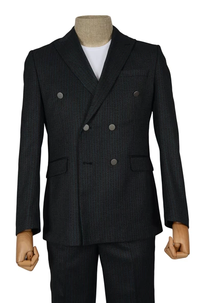 Cengiz İnler Armürlü Dik Çizgili Kruvaze Slim Fit Erkek Takım Elbise - 4