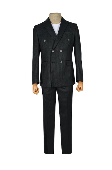 Cengiz İnler Armürlü Dik Çizgili Kruvaze Slim Fit Erkek Takım Elbise - 5