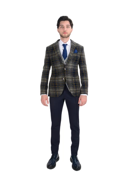 Cengiz İnler Ekose Çift Düğme Yelekli Slim Fit Erkek Takım Elbise - 6