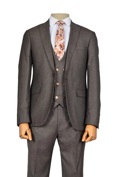Cengiz İnler Kırçıl Tek Düğme 6 Drop Yelekli Slim Fit Erkek Takım Elbise - 4