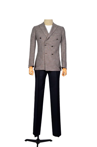 Cengiz İnler Kazayağı Desen Kırlangıç Yaka Çift Düğme Kruvaze Slim Erkek Ceket - Resim 5